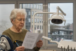 Ältere Frau liest Broschüre beim Zahnarzt. 