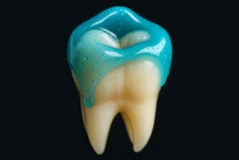 Nahaufnahme eines Zahns mit Fluorid, das den Zahnschmelz stärkt und vor Karies schützt.