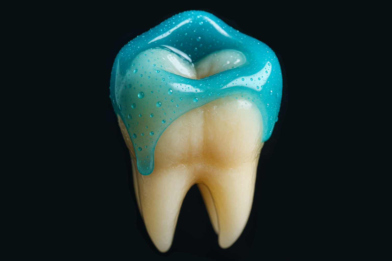 Nahaufnahme eines Zahns mit Fluorid, das den Zahnschmelz stärkt und vor Karies schützt.