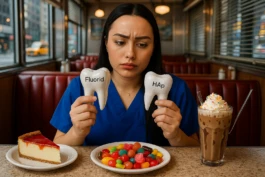 Frau hält zahnförmige Modelle mit 'Fluorid' und 'HAp' (Hydroxylapatit) und blickt nachdenklich auf Süßigkeiten und einen Schokoshake auf einem Tisch in einem Diner