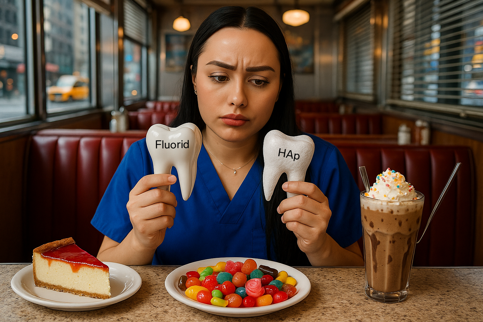 Frau hält zahnförmige Modelle mit 'Fluorid' und 'HAp' (Hydroxylapatit) und blickt nachdenklich auf Süßigkeiten und einen Schokoshake auf einem Tisch in einem Diner